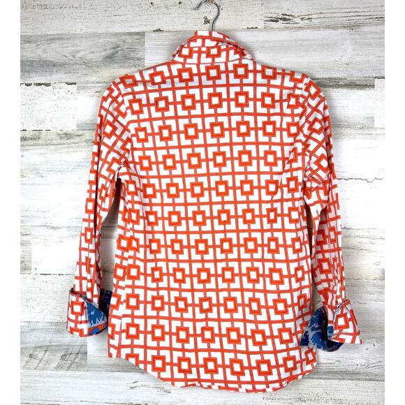 Tizzie Women’s Medium Orange White Geometric Button-Down Long Sleeve Blouse Top - Picture 2 of 5